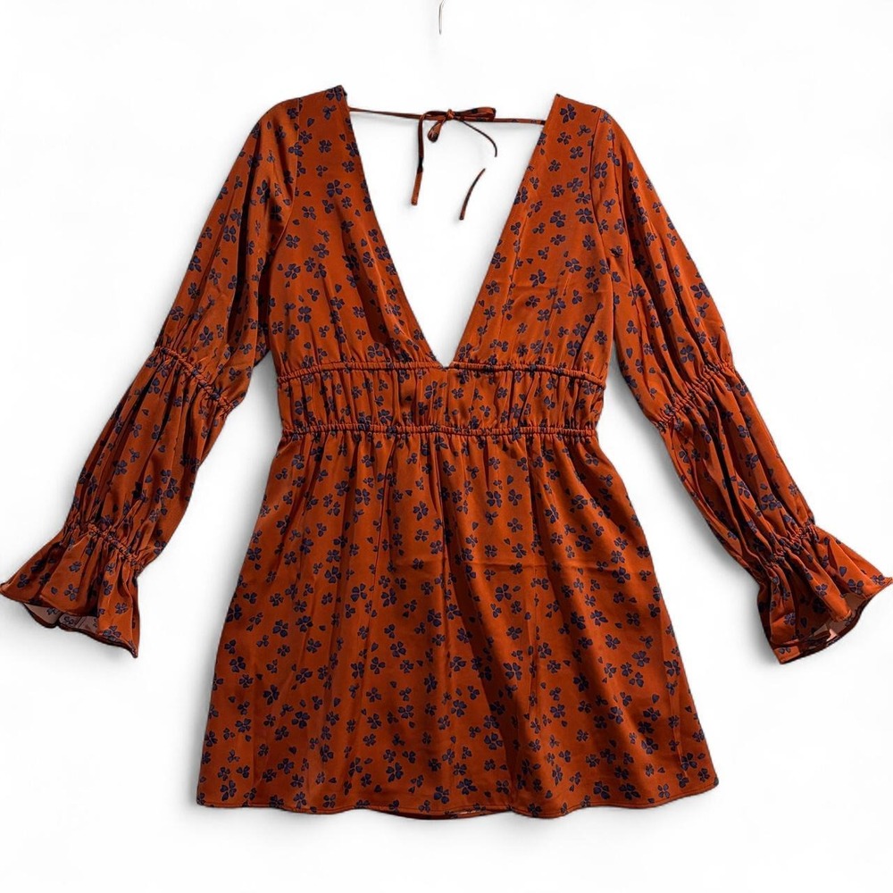 We Wore What Brown Floral Mini Dress Tie Back Boho Whimsygoth Womens Large